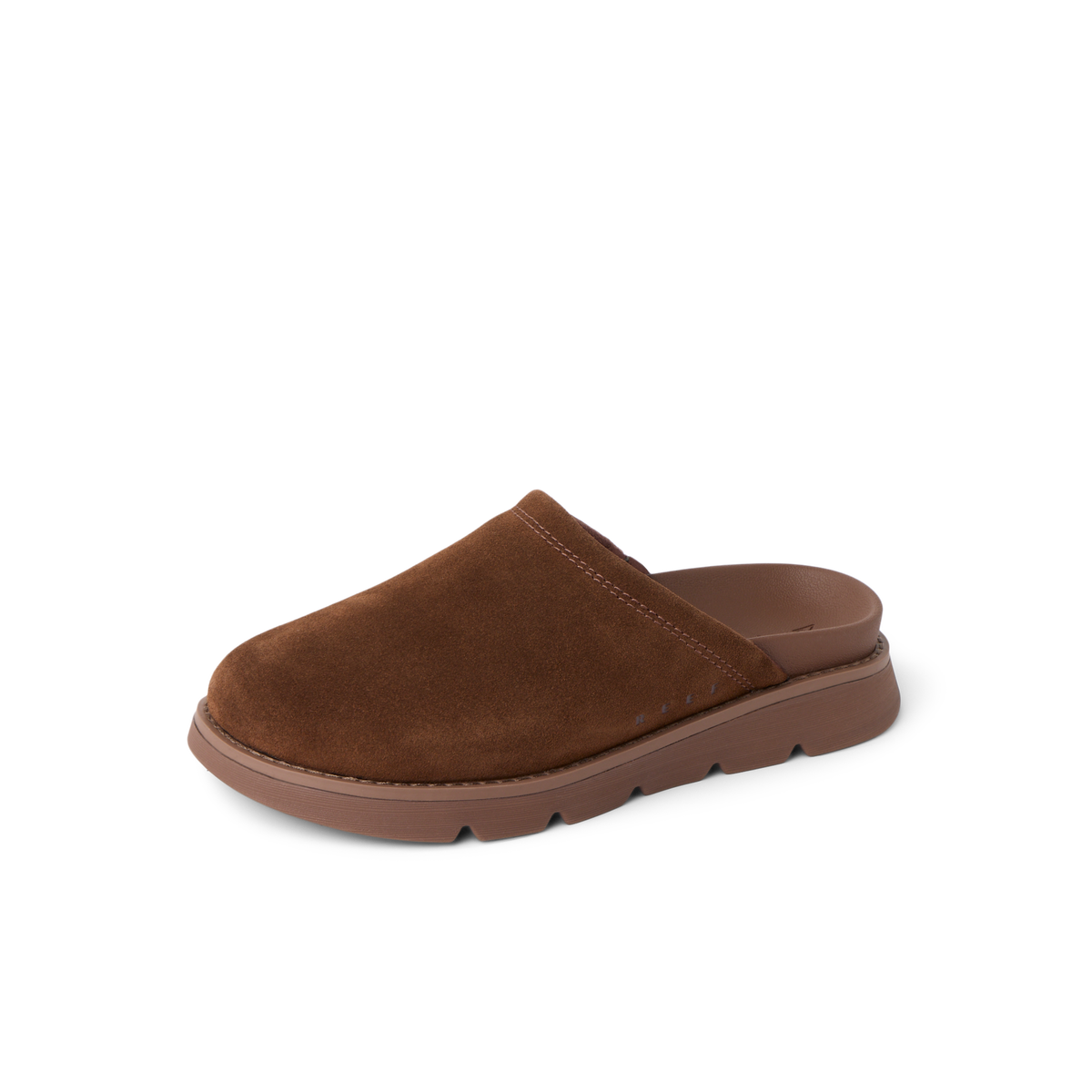 Vista Luxe Mariana brown suede clog facing left with comfort focused cushioning and supportive sole