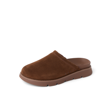 Vista Luxe Mariana brown suede clog facing left with comfort focused cushioning and supportive sole