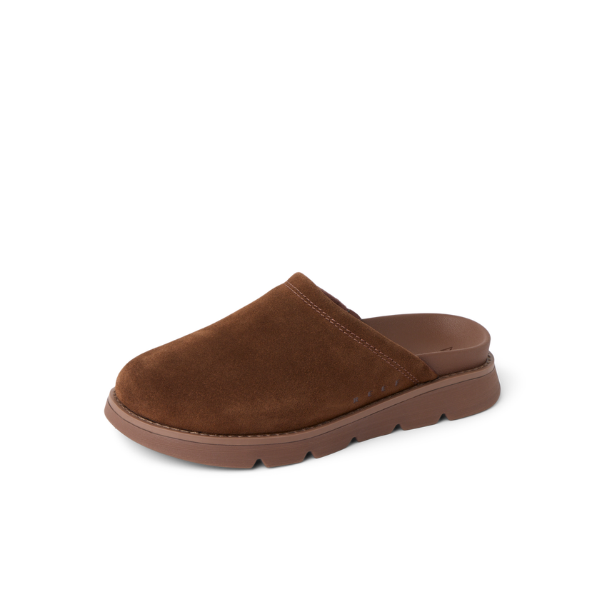 Vista Luxe Mariana brown suede clog facing left with comfort focused cushioning and supportive sole