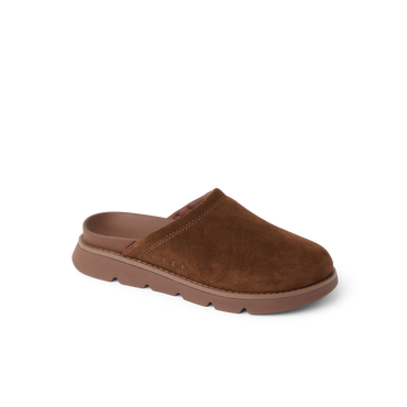 Vista Luxe Mariana brown suede clog facing right with a closed toe, cushioned sole, and comfortable footbed