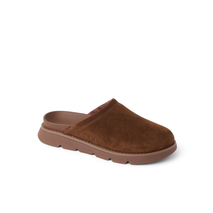 Vista Luxe Mariana brown suede clog facing right with a closed toe, cushioned sole, and comfortable footbed