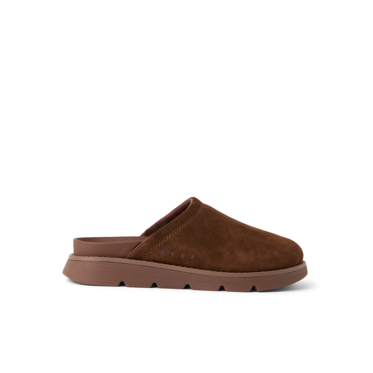 Vista Luxe Mariana brown suede clog facing right with cushioned sole and arch support