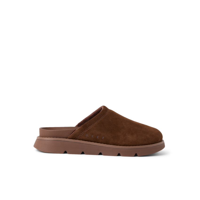 Vista Luxe Mariana brown suede clog facing right with cushioned sole and arch support