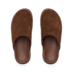 Vista Luxe Mariana brown suede clogs facing upward in a top view, showing cushioned footbeds and arch support