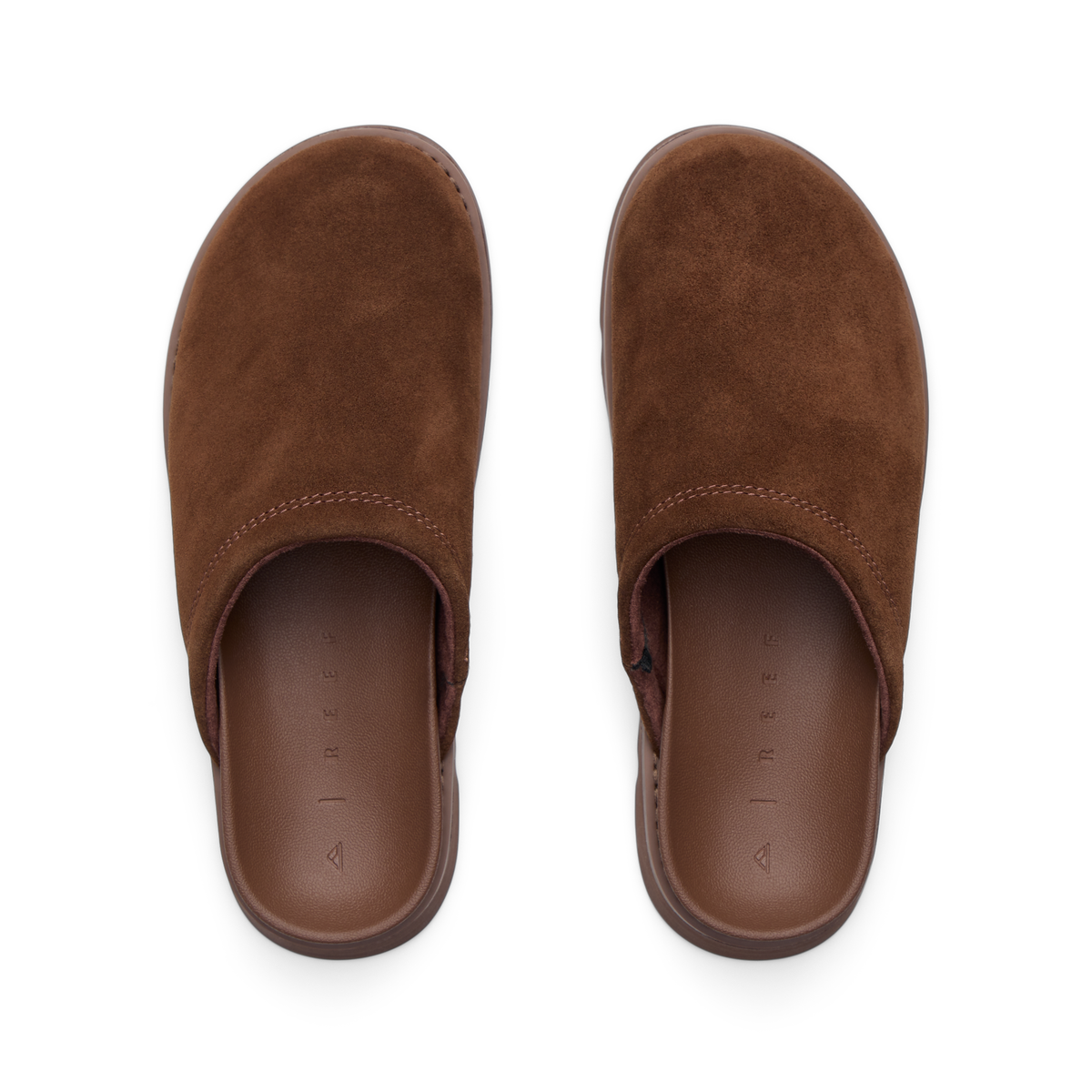 Vista Luxe Mariana brown suede clogs facing upward in a top view, showing cushioned footbeds and arch support