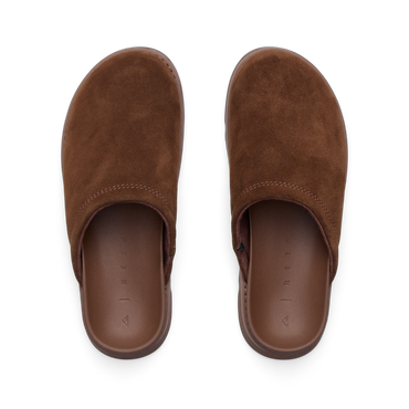 Vista Luxe Mariana brown suede clogs facing upward in a top view, showing cushioned footbeds and arch support