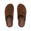 Vista Luxe Mariana brown suede clogs facing upward in a top view, showing cushioned footbeds and arch support