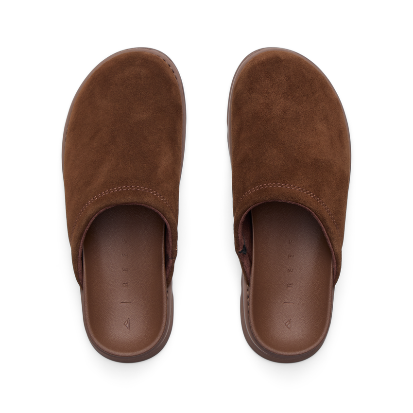 Vista Luxe Mariana brown suede clogs facing upward in a top view, showing cushioned footbeds and arch support