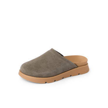 Vista Luxe Mariana suede clog facing left with open heel and cushioned sole for everyday comfort