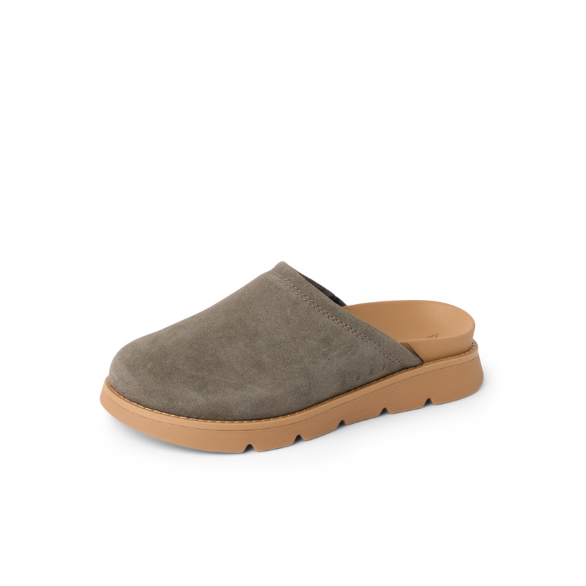 Vista Luxe Mariana suede clog facing left with open heel and cushioned sole for everyday comfort