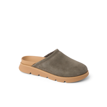 Vista Luxe Mariana suede clog facing right with open heel and cushioned sole for everyday comfort
