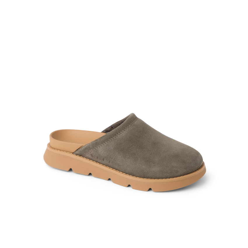 Vista Luxe Mariana suede clog facing right with open heel and cushioned sole for everyday comfort