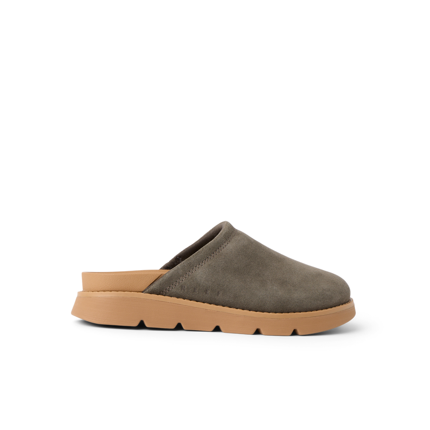 Vista Luxe Mariana suede clog facing right with closed toe and cushioned sole