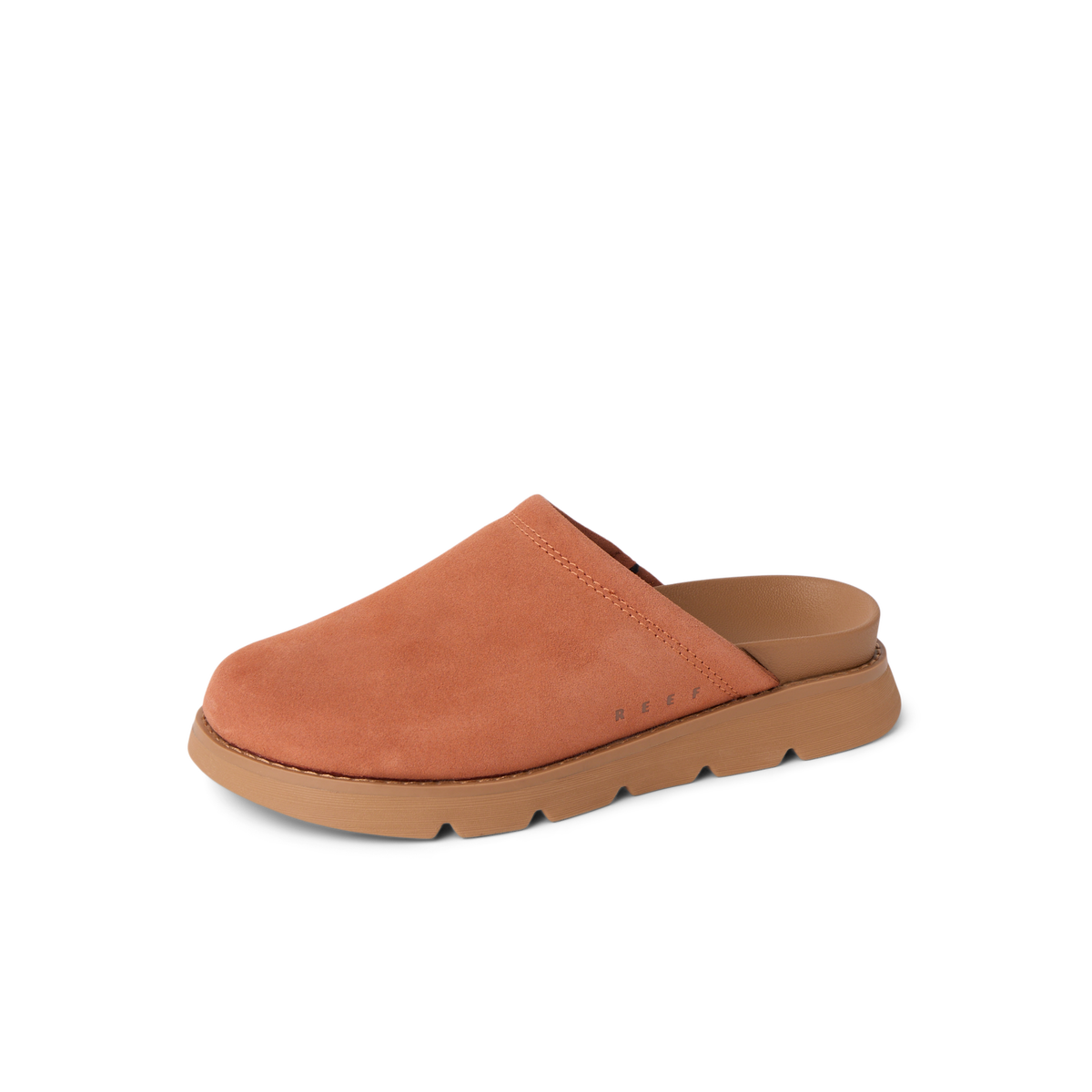 Vista Luxe Mariana brown suede clog facing left with cushioned footbed and arch support