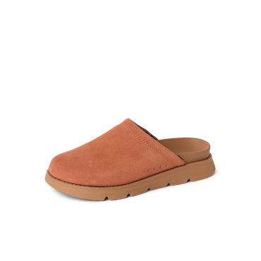 Vista Luxe Mariana brown suede clog facing left with cushioned footbed and arch support