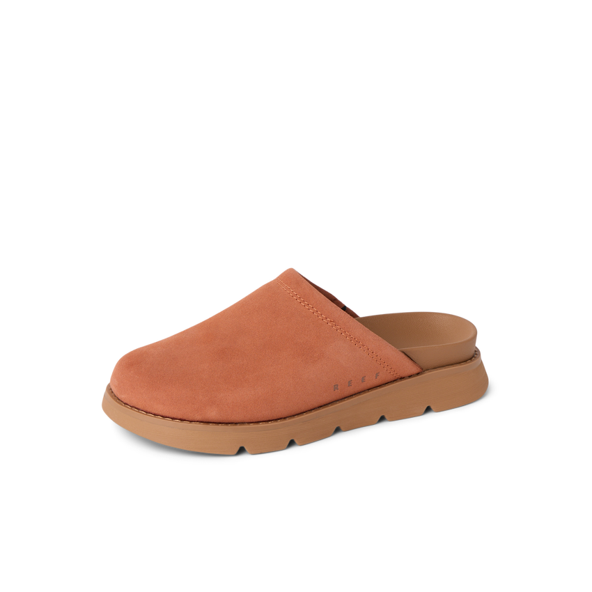 Vista Luxe Mariana brown suede clog facing left with cushioned footbed and arch support