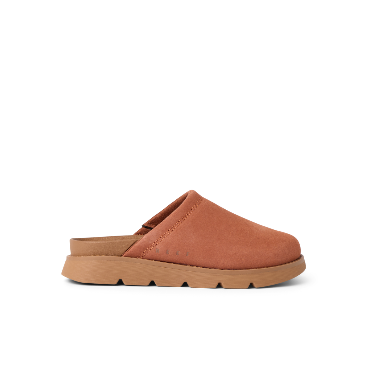 Vista Luxe Mariana brown suede clog facing right with cushioned sole for everyday comfort
