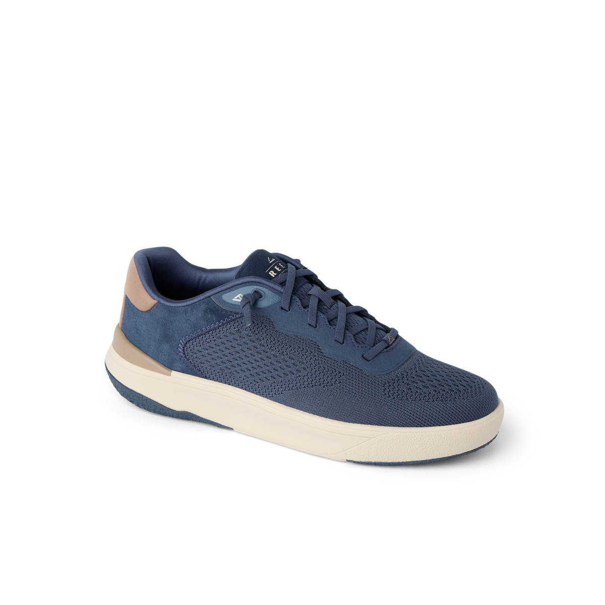 Shoreline Del Mar navy sneaker facing right with cushioned support and elastic laces