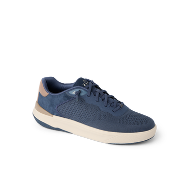 Shoreline Del Mar navy sneaker facing right with cushioned support and elastic laces
