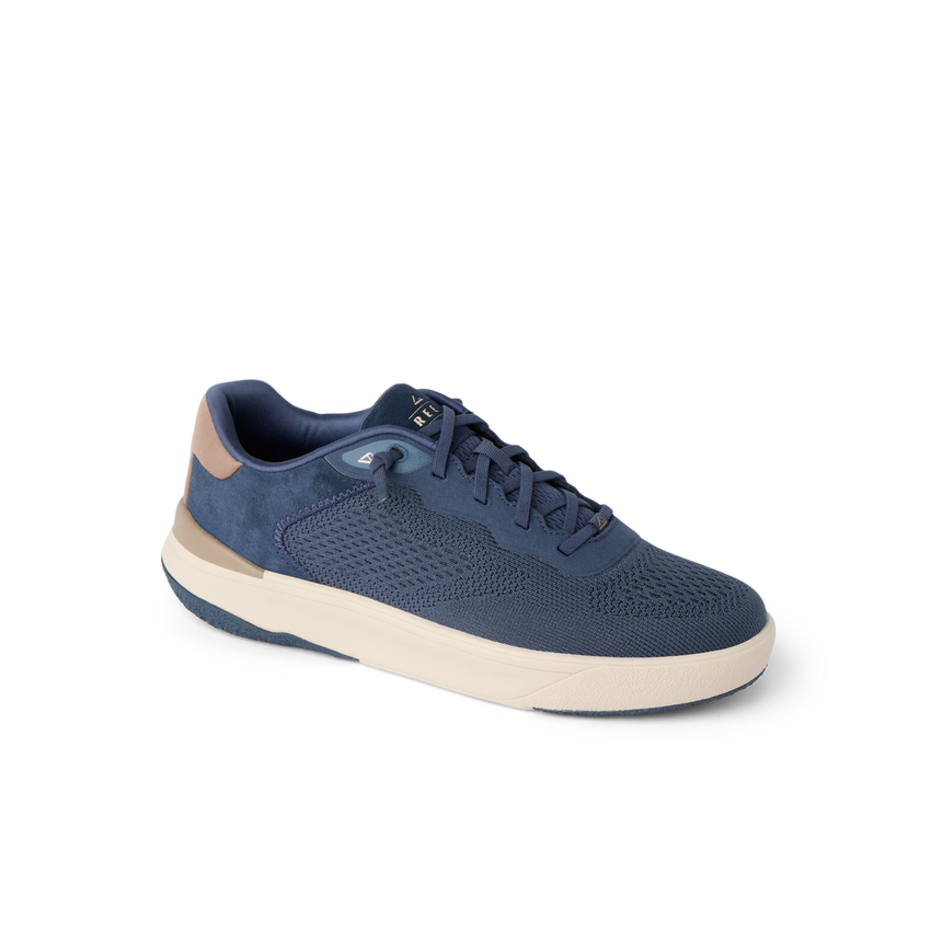 Shoreline Del Mar navy sneaker facing right with cushioned support and elastic laces