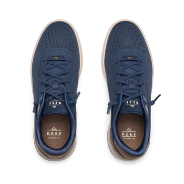Shoreline Del Mar navy sneakers shown from above with toes facing upward, cushioned support and elastic laces