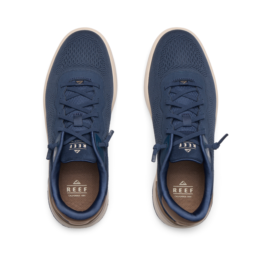 Shoreline Del Mar navy sneakers shown from above with toes facing upward, cushioned support and elastic laces