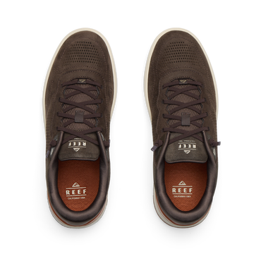 REEF Del Mar Leather brown leather shoes viewed from above with toes facing upward and cushioned footbeds