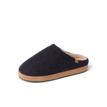 Eventide Slipper in black, shown facing left from the side with a closed toe and open heel