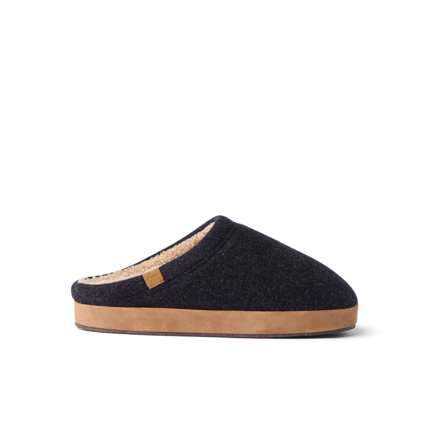 Eventide Slipper, black men's slipper in side profile facing left with tan lining and a thick sole