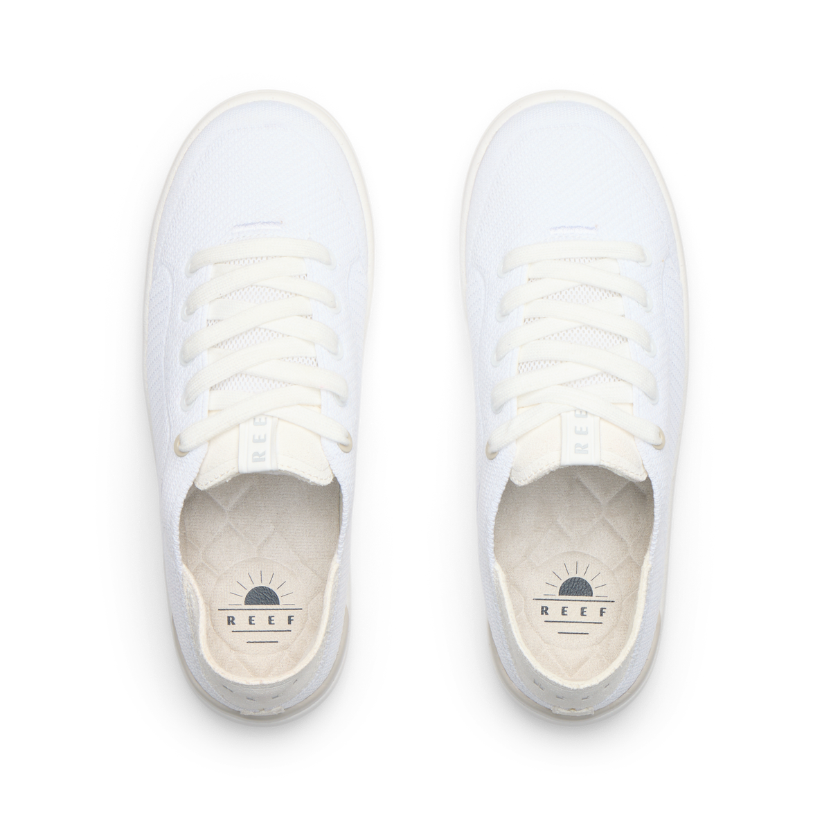 Neptune 2 white sneakers viewed from above with toes facing upward cushioned footbeds and arch support