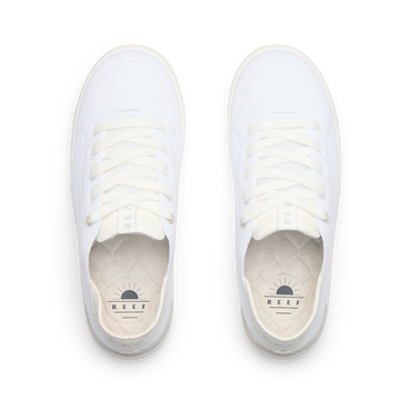 Neptune 2 white sneakers viewed from above with toes facing upward cushioned footbeds and arch support