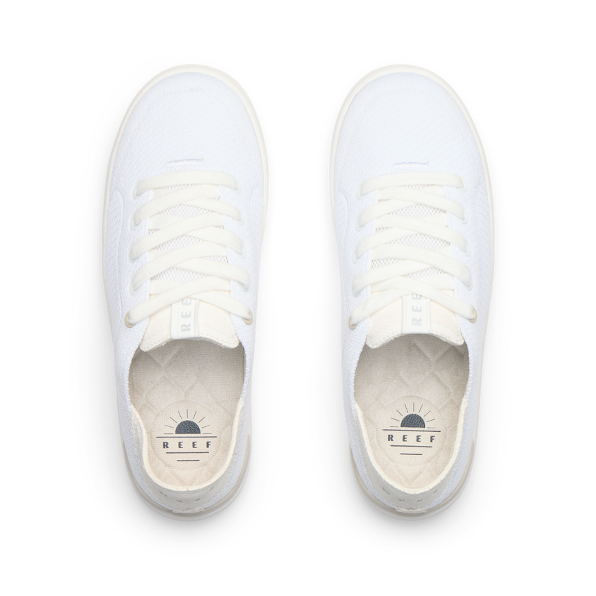 Neptune 2 white sneakers viewed from above with toes facing upward cushioned footbeds and arch support