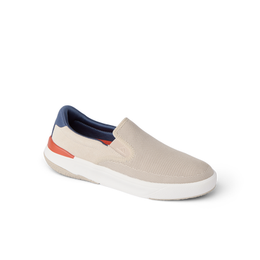 Del Mar Slip On beige slip on sneaker facing right with cushioned sole and arch support
