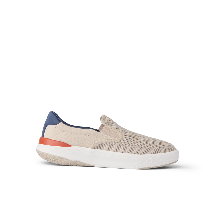 Del Mar Slip On beige sneaker facing right with cushioned sole and arch support