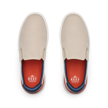 Del Mar Slip On shoes viewed from above with toes facing upward, cushioned footbeds and supportive arch design