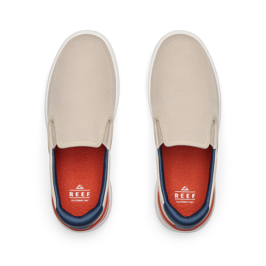 Del Mar Slip On shoes viewed from above with toes facing upward, cushioned footbeds and supportive arch design