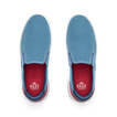 Del Mar Slip On blue slip on sneakers viewed from above with toes facing upward and cushioned footbeds visible