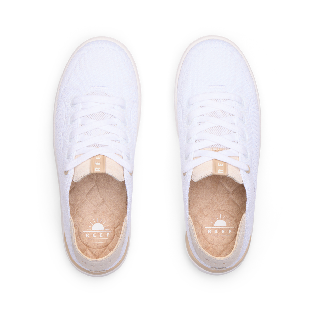 REEF Neptune 2 white sneakers viewed from above facing forward with cushioned footbeds and arch support