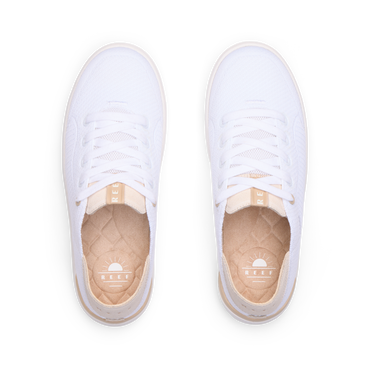 REEF Neptune 2 white sneakers viewed from above facing forward with cushioned footbeds and arch support