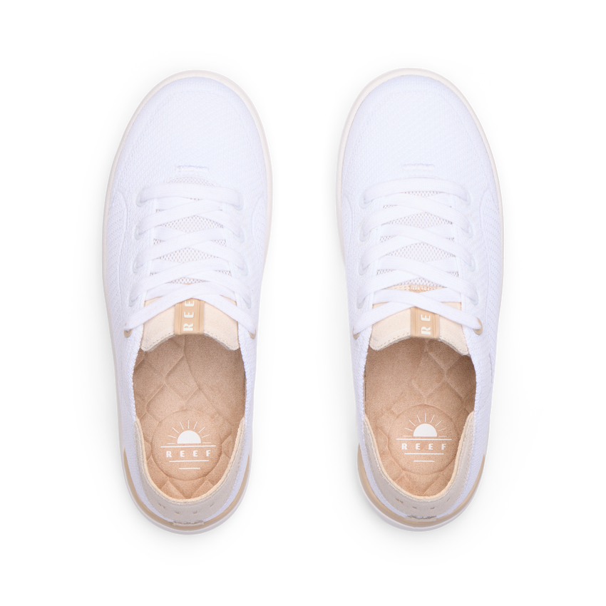REEF Neptune 2 white sneakers viewed from above facing forward with cushioned footbeds and arch support