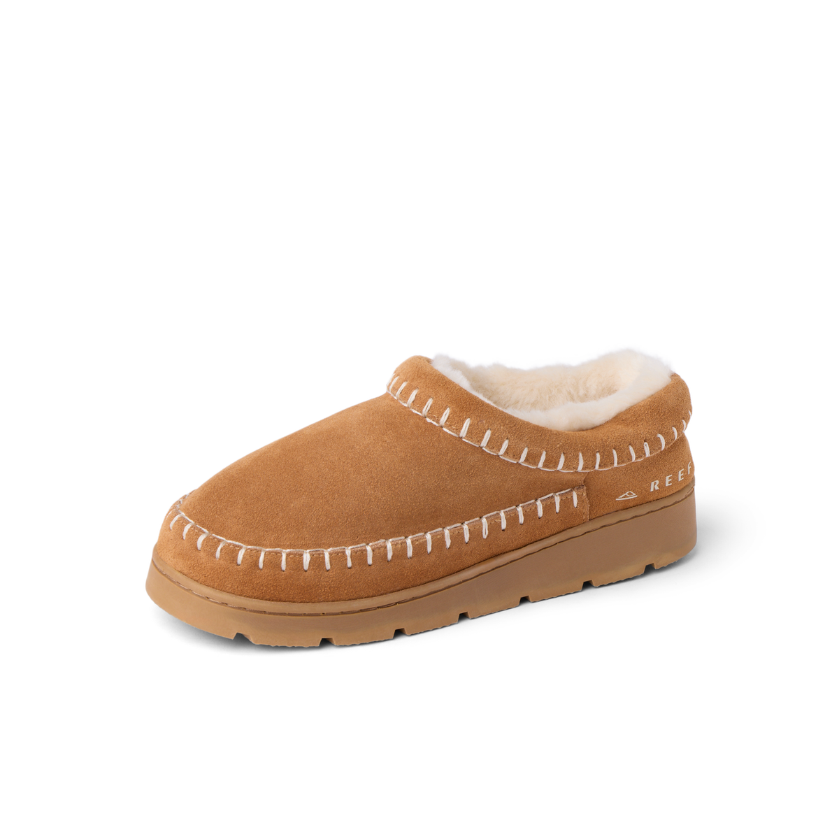 Noa Slipper facing left with tan suede, plush lining, whipstitch detailing, and cushioned sole for everyday comfort