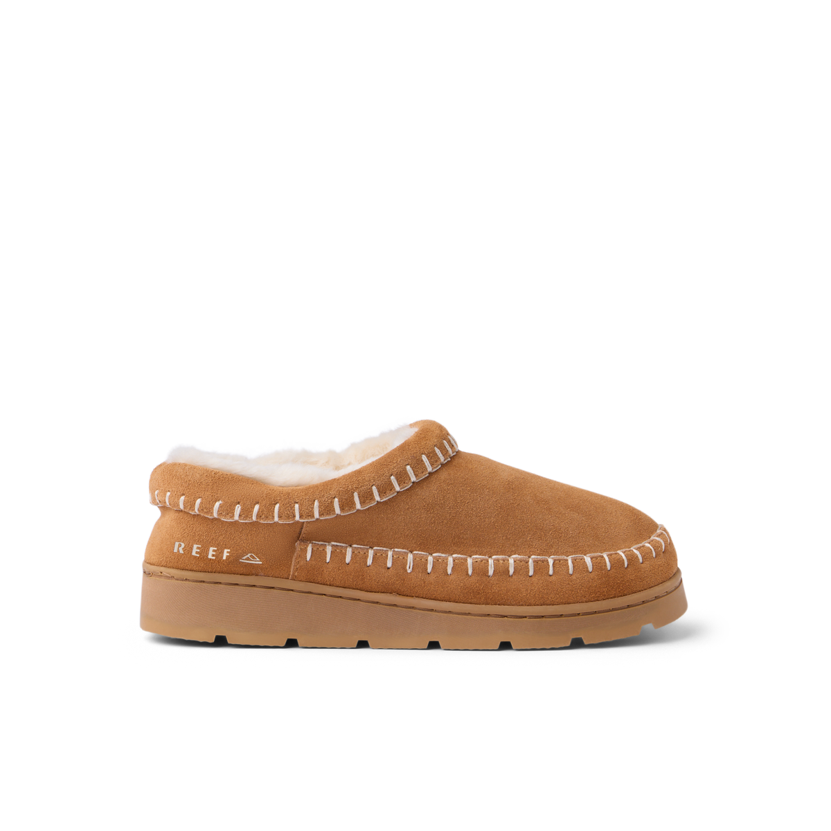 Noa Slipper facing right, suede lounge boot with whipstitch detailing and cushioned comfort