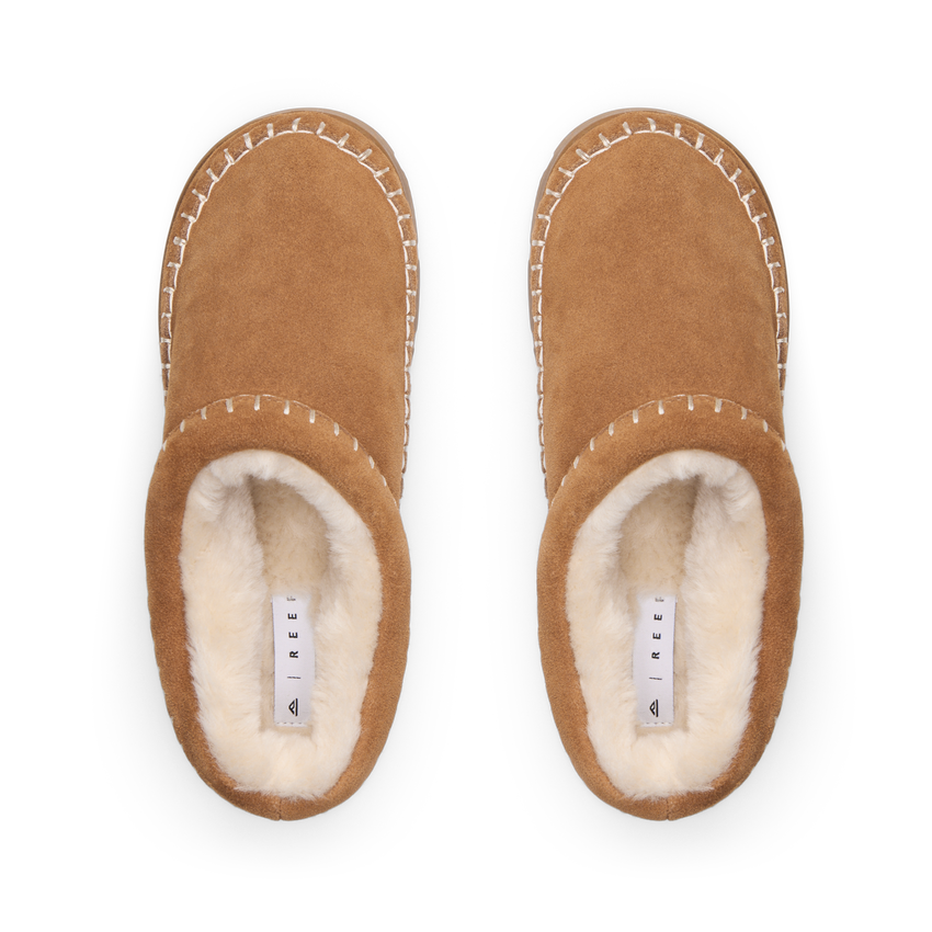 Noa Slipper suede lounge boots facing upward with plush lining and whipstitch detail