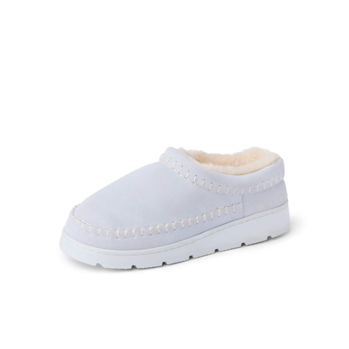 Noa Slipper white suede lounge boot facing left in side view with whipstitch detailing and cozy lining