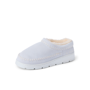 Noa Slipper white suede lounge boot facing left in side view with whipstitch detailing and cozy lining