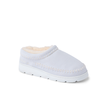Noa Slipper white suede lounge boot facing right with whipstitch detailing and cushioned sole