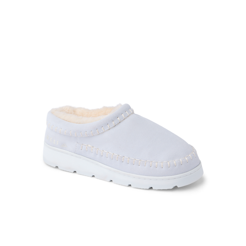 Noa Slipper white suede lounge boot facing right with whipstitch detailing and cushioned sole