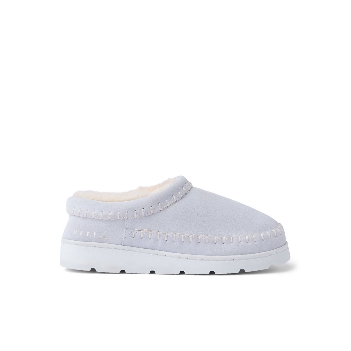 Noa Slipper white suede lounge boot facing right with whipstitch detailing and cushioned sole