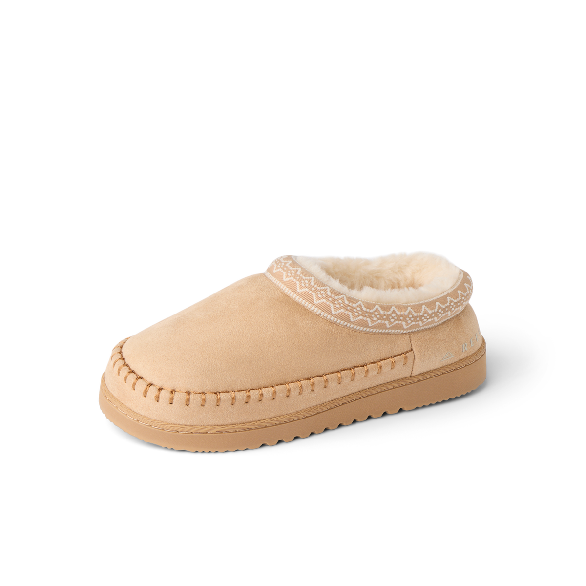 Tan Indie Slipper facing left with plush lining and cushioned lightweight sole