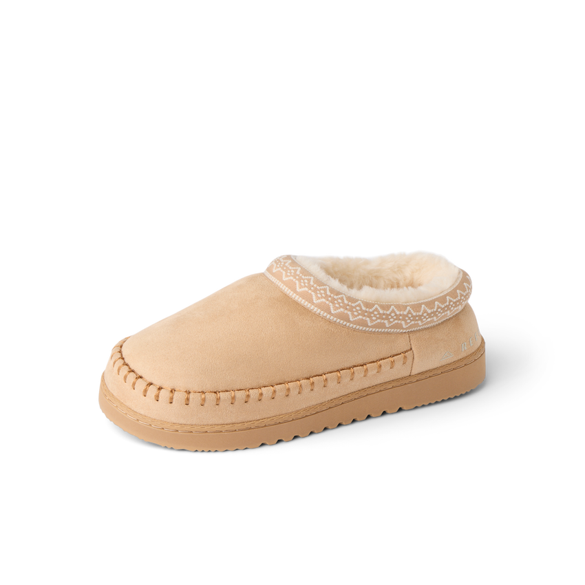 Tan Indie Slipper facing left with plush lining and cushioned lightweight sole